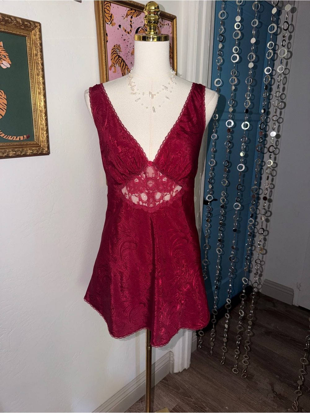 Vintage Y2K Lace Trim V-Neck Chemise Nightdress in Deep Burgundy
